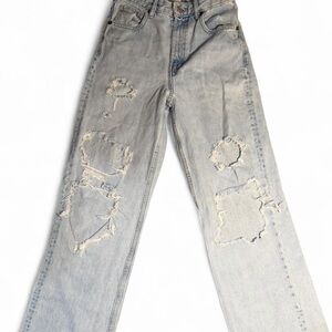 Zara Light Blue Distressed Straight Leg Jeans
